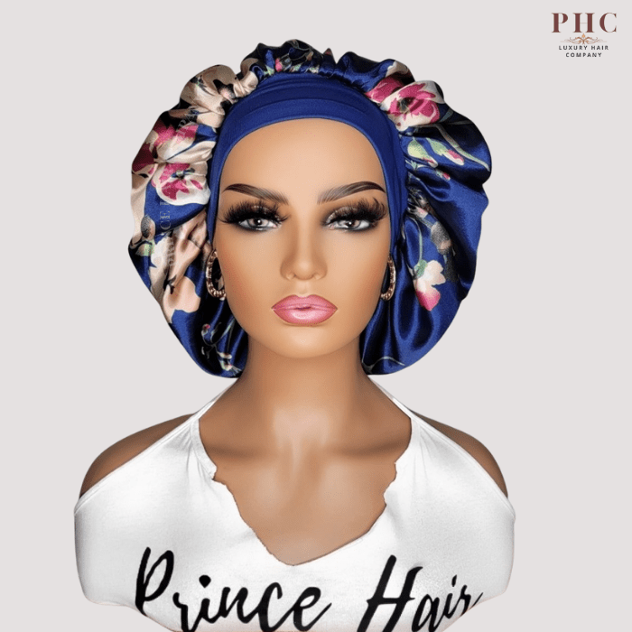 Royal Blue Flowers Print Wide Band Bonnet (Sm/Med Cap Size) - PHC