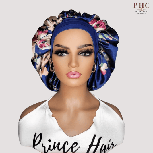 Royal Blue Flowers Print Wide Band Bonnet (Sm/Med Cap Size) - PHC