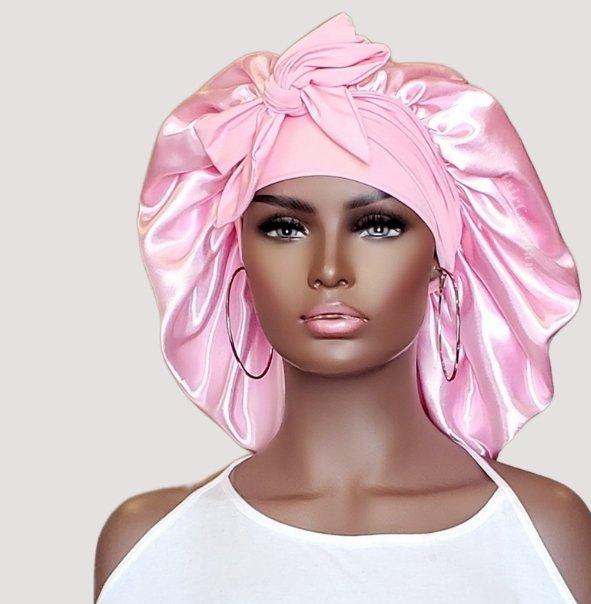 Soft Pink Satin - Lined Stretch Tie Bonnet - PHC