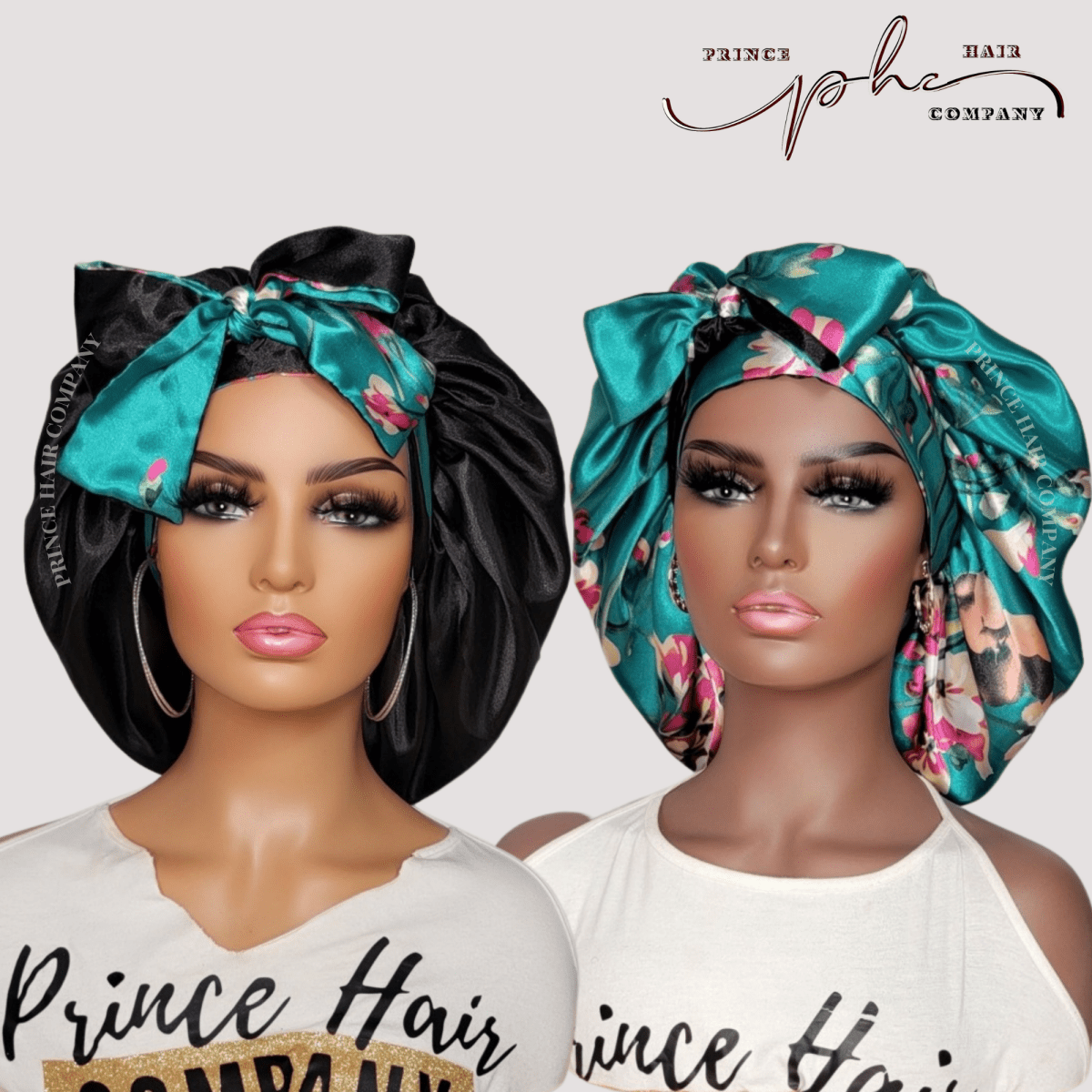 Teal Flowers & Black All Satin Reversible Bonnet - PHC