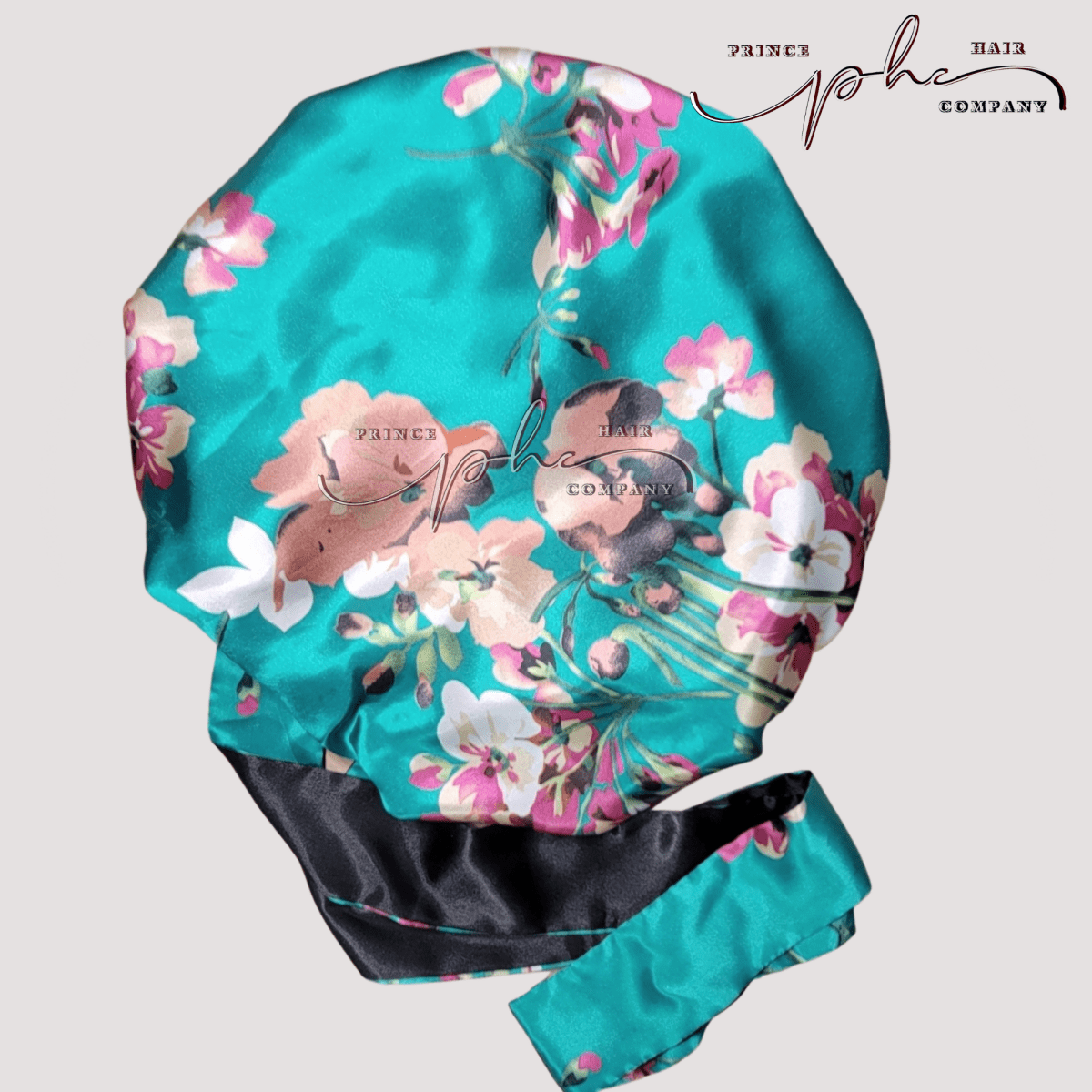 Teal Flowers & Black All Satin Reversible Bonnet - PHC