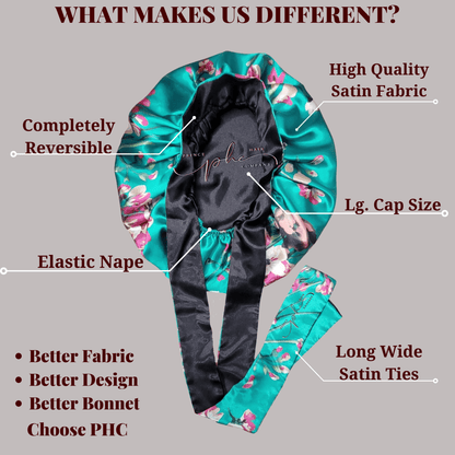 Teal Flowers & Black All Satin Reversible Bonnet - PHC