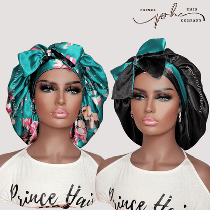 Teal Flowers & Black All Satin Reversible Bonnet - PHC