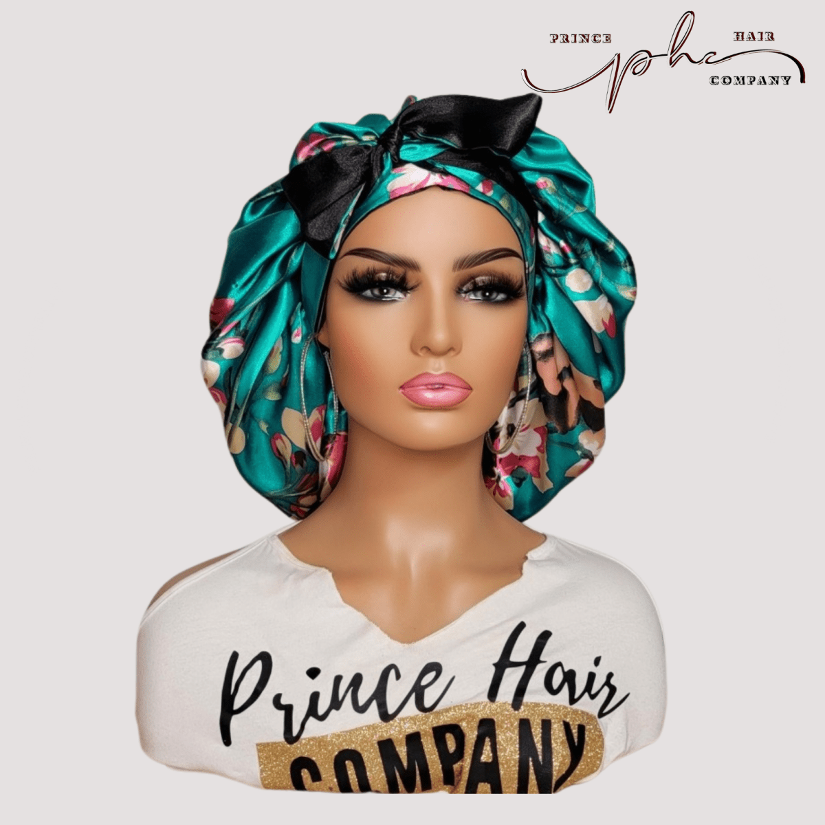 Teal Flowers & Black All Satin Reversible Bonnet - PHC