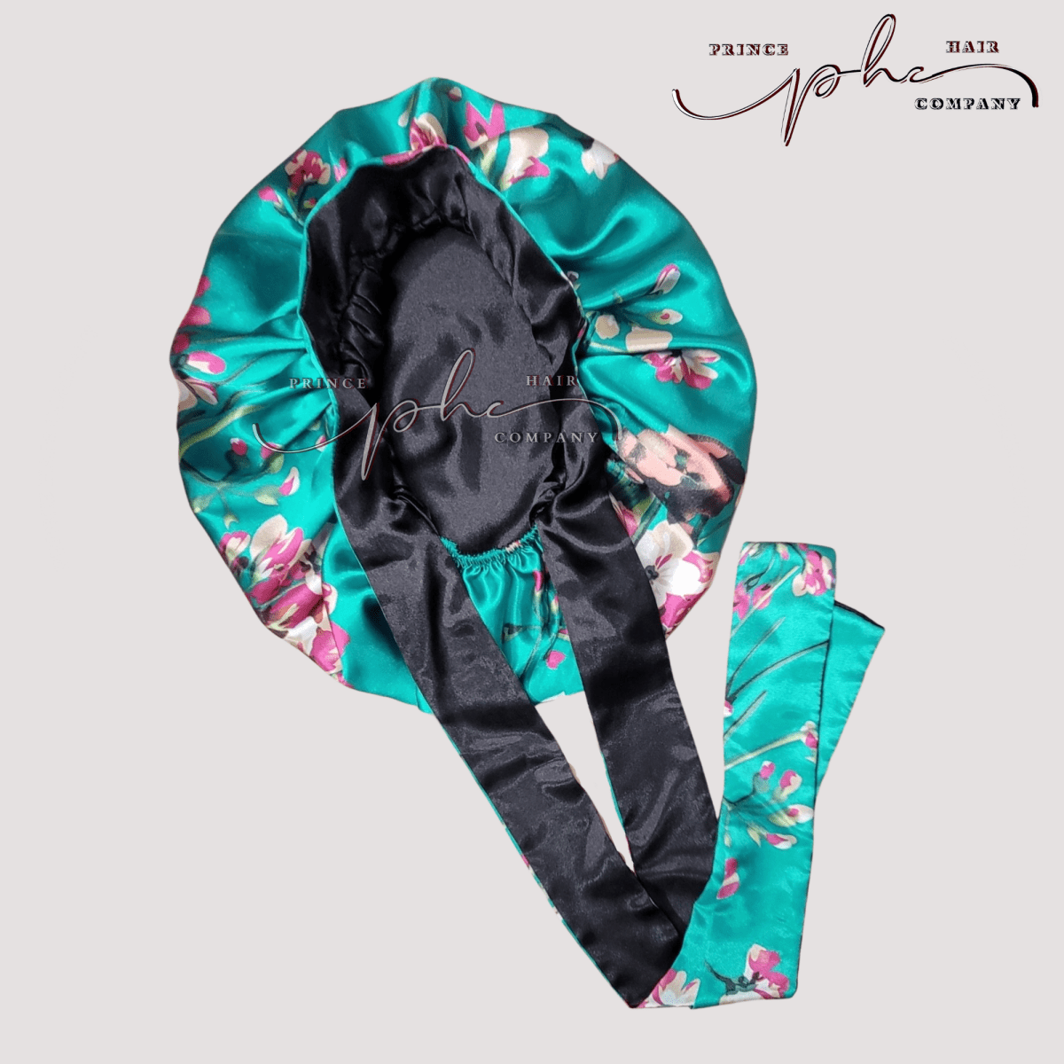 Teal Flowers & Black All Satin Reversible Bonnet - PHC