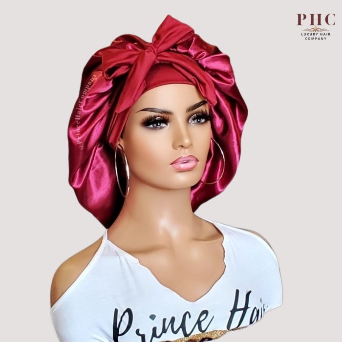 Wine / Burgundy Satin-Lined Stretch Tie Bonnet - PHC