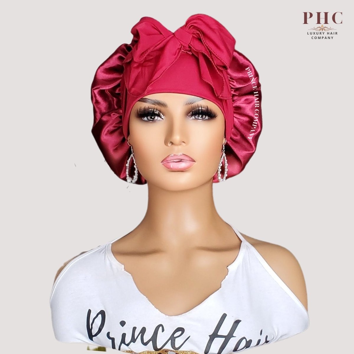 Wine / Burgundy Satin - Lined Stretch Tie Bonnet - PHC