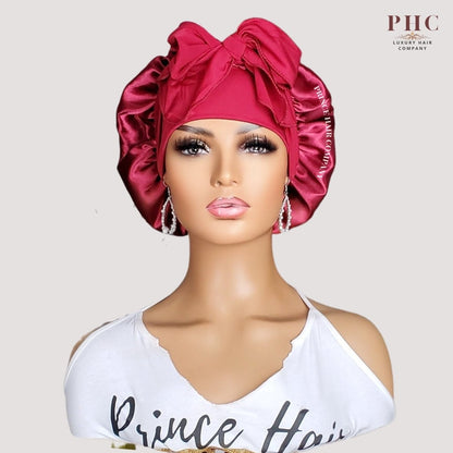 Wine / Burgundy Satin - Lined Stretch Tie Bonnet - PHC