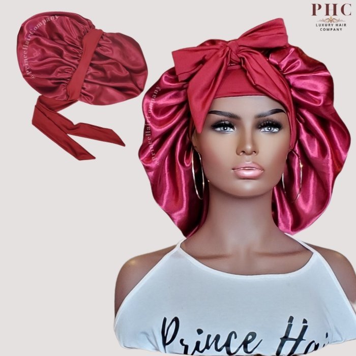 Wine / Burgundy Satin - Lined Stretch Tie Bonnet - PHC