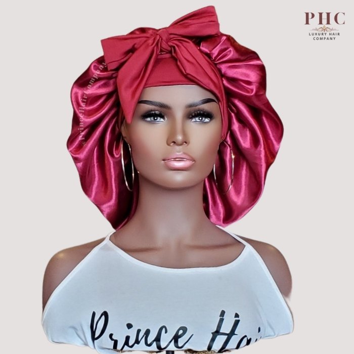 Wine / Burgundy Satin - Lined Stretch Tie Bonnet - PHC
