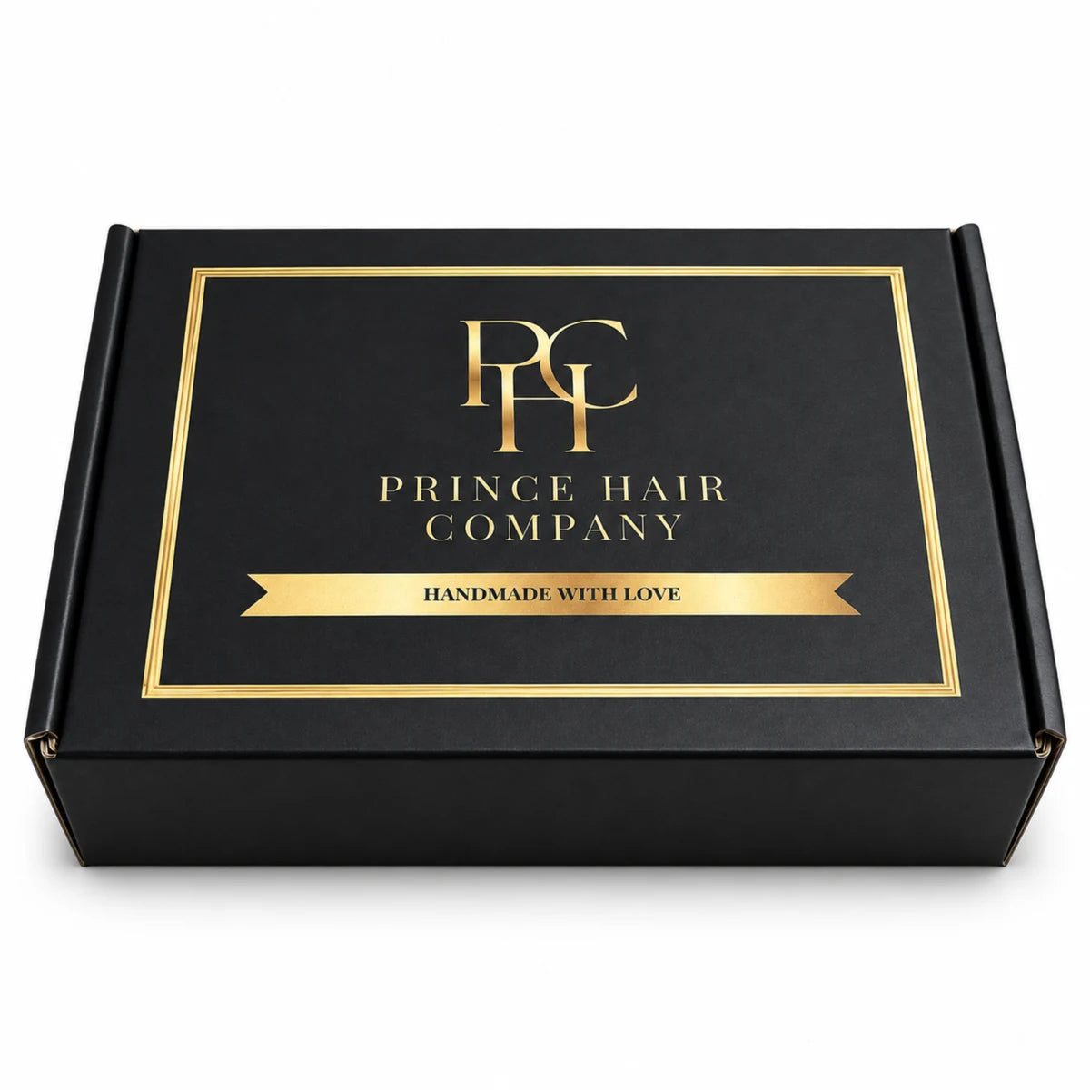 Black Prince Hair Company signature gift box with gold logo and gold border.