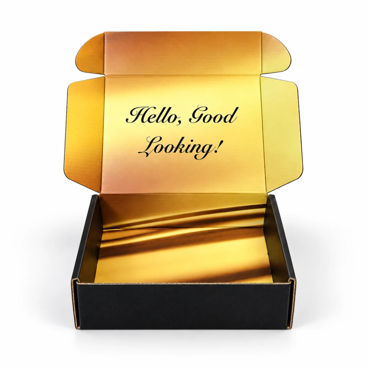 Open Prince Hair Company gift box with a gold interior and Hello, Good Looking! printed inside.